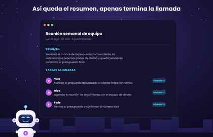 Mockup ilustrativo del resumen que arma Fireflies apenas termina una reunión semanal de equipo, con tareas asignadas a cada persona